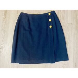 Vintage Karen Kane Nautical Navy Wrap Skirt Gold Buttons Sz 6 Wool Blend Office